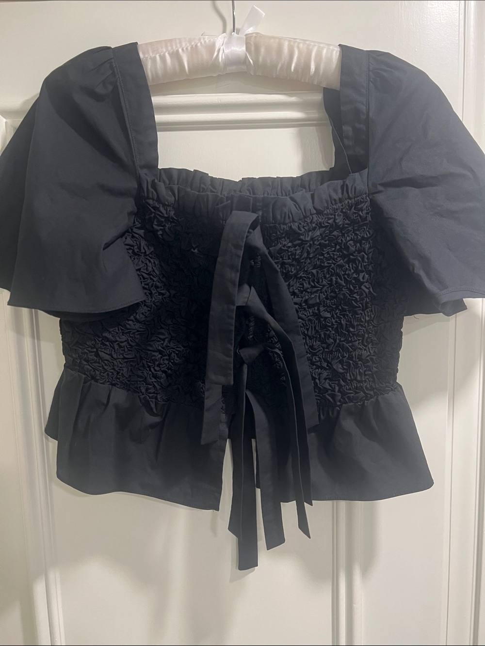 Black Smocked Square-Neck Crop Top with Puff Sleeves
